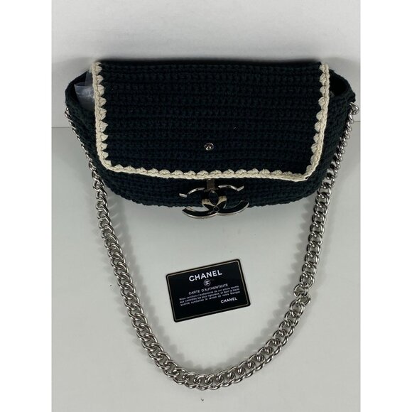 Chanel Authentic CC Logo Crochet Flap Chain Strap Shoulder Bag Women's F181 - Picture 5 of 8